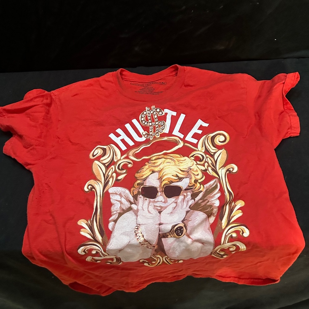 Red Graphic T-Shirt with Angel Design-Brooklyn vertical hustle-size medium-#491